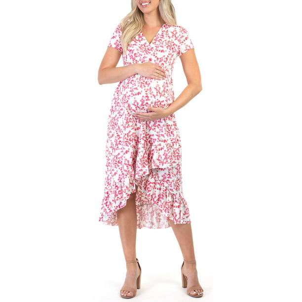 Women's Faux Wrap Hi-Lo Maternity Dress for Baby Shower or Casual Wear 